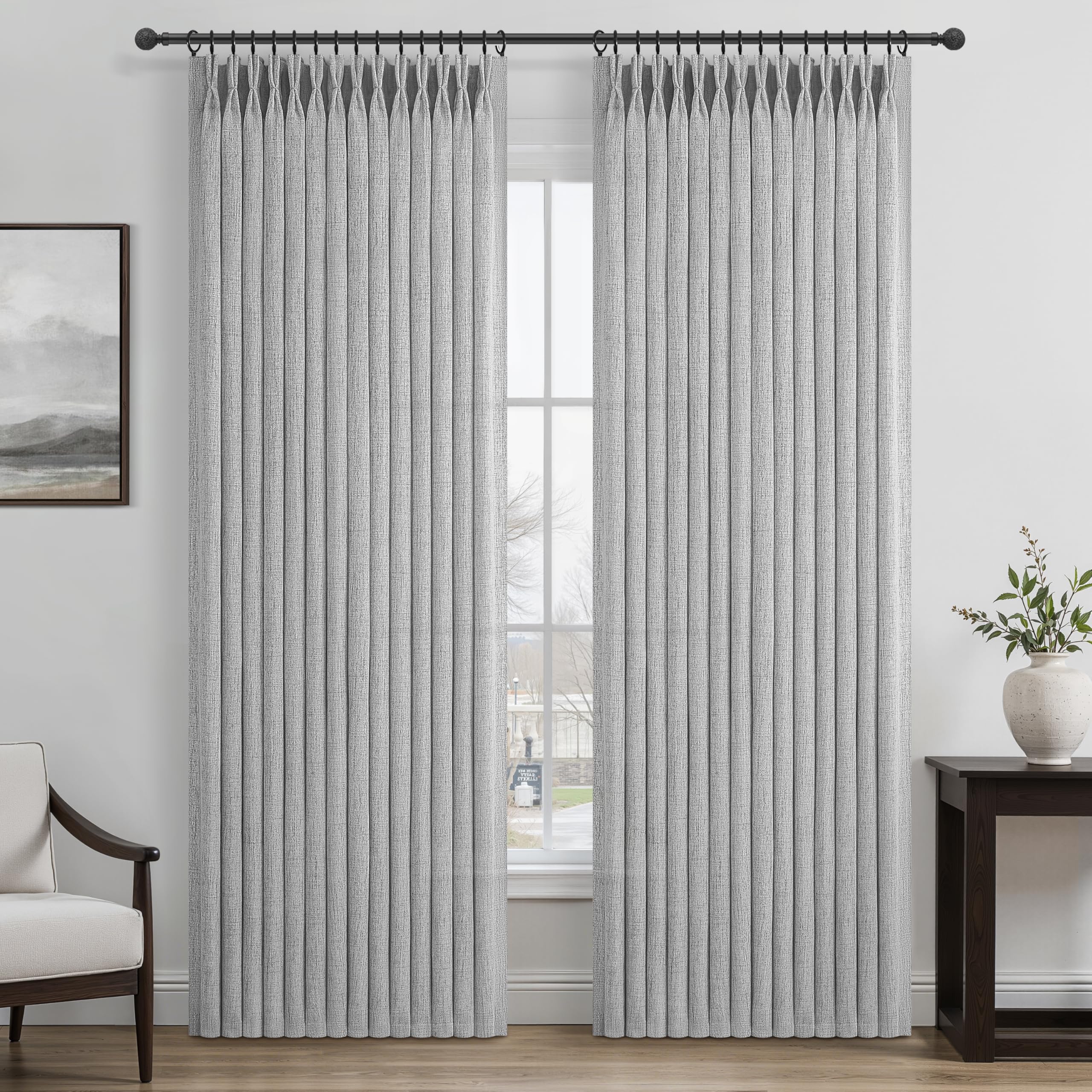 PleatedDrapes 96 Inch Curtains 2 Panel Set, Modern Linen Pleat Back Tab Dining Room Window Curtains Light Filtering Aesthetic Semi Sheer Living Room Drapes with Hooks Ring Cream Oatmeal W40 x L96